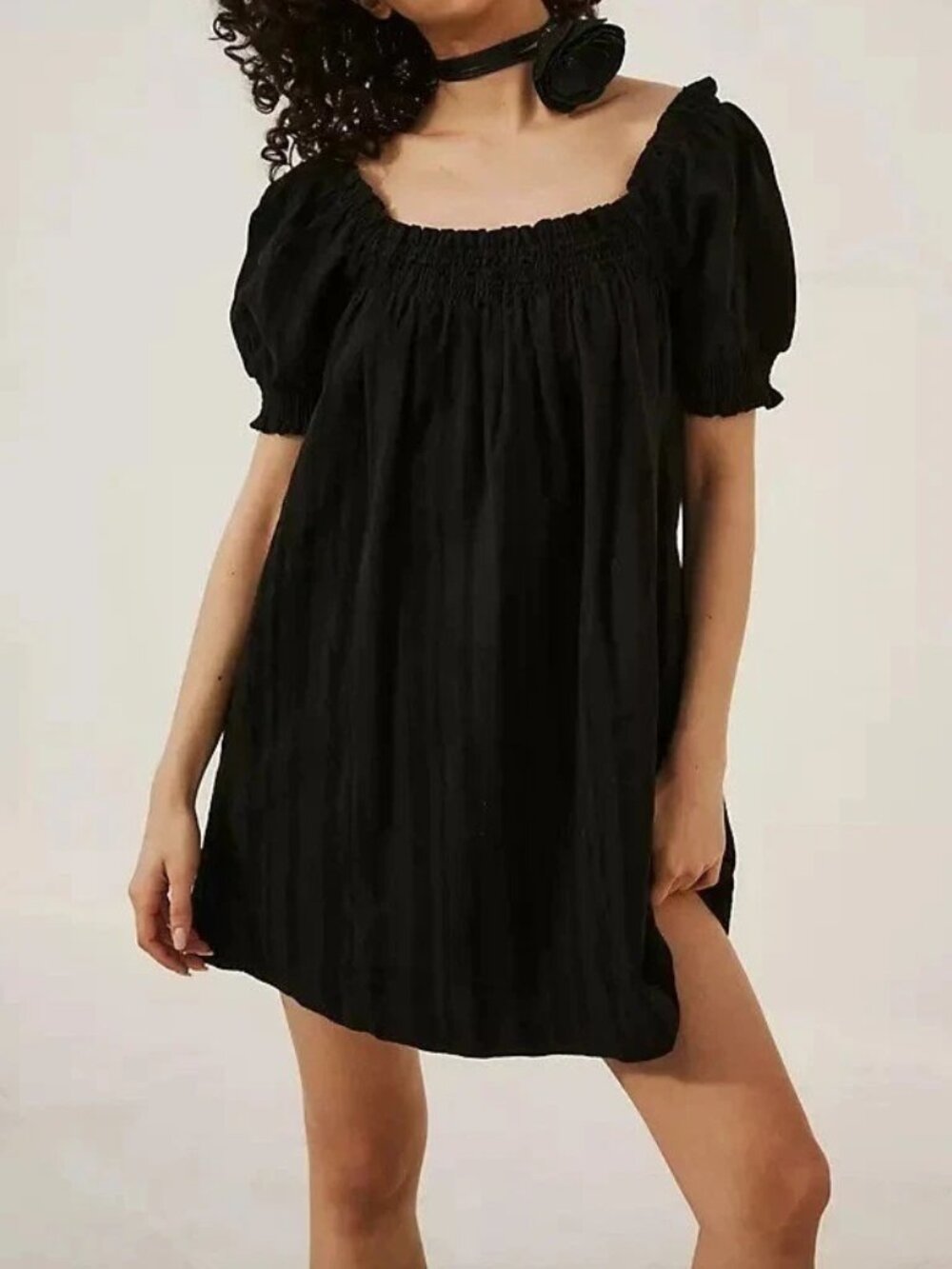 Free People Free-Est Mila Mini Dress Smocked Puff Sleeve Striped Black M 289809